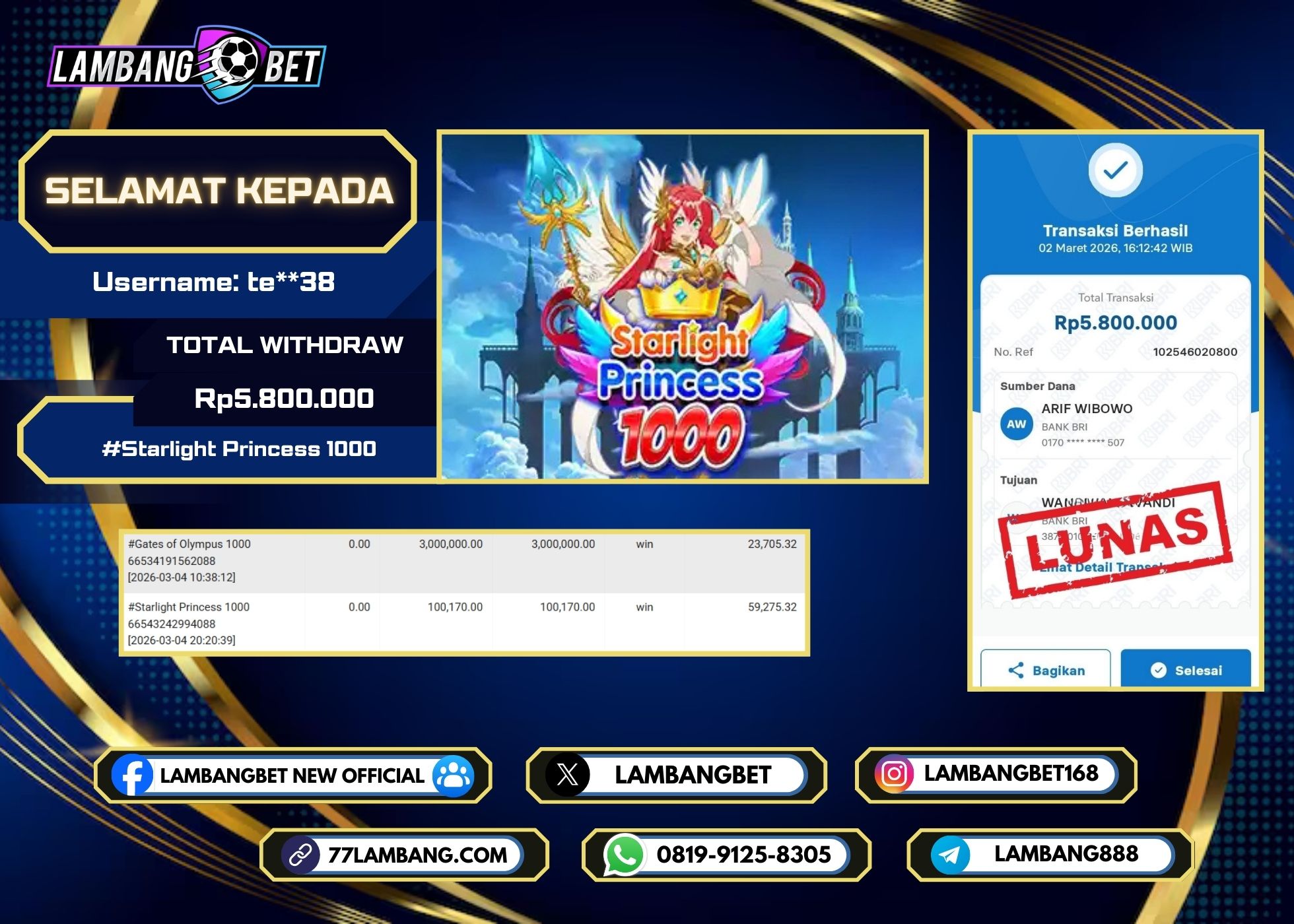 LAMBANGBET [2 MARET 2026] JACKPOT SLOT Starlight Princess 1000 "Rp5.800.000" LUNAS